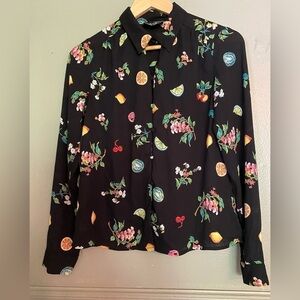 The Moon Womens Size Small Sheer Collared Fruit & Floral Keyhole neckline Top